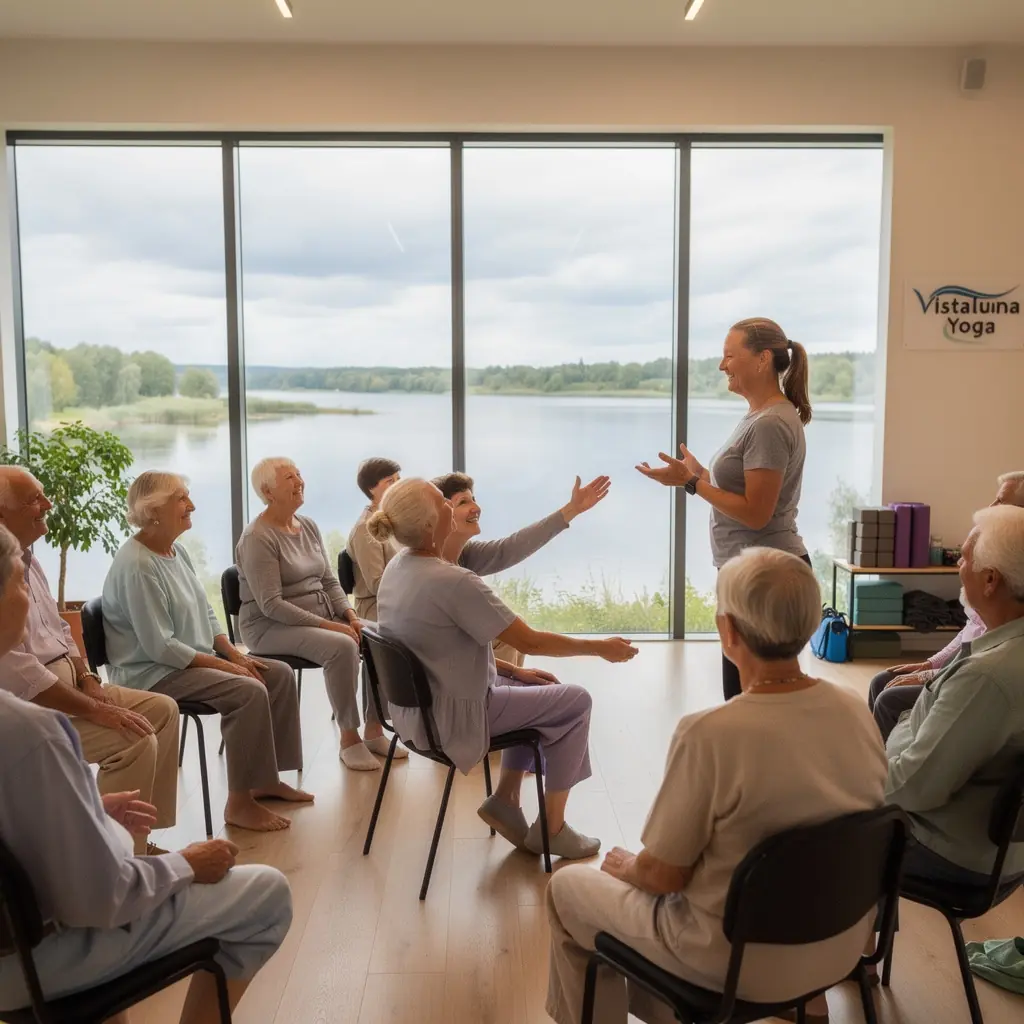 Senioru jogas nodarbība ar pasniedzēju, kurš demonstrē vingrinājumus.